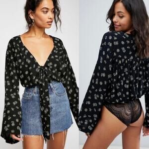Free People Forties Feels Bodysuit XS Black Floral Front Tie Flare Long Sleeves